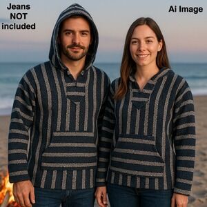 Artesanias Mickey Mexican Baja Sz. Med Hoodie Pullover Blue Gray Boho‎ Coastal